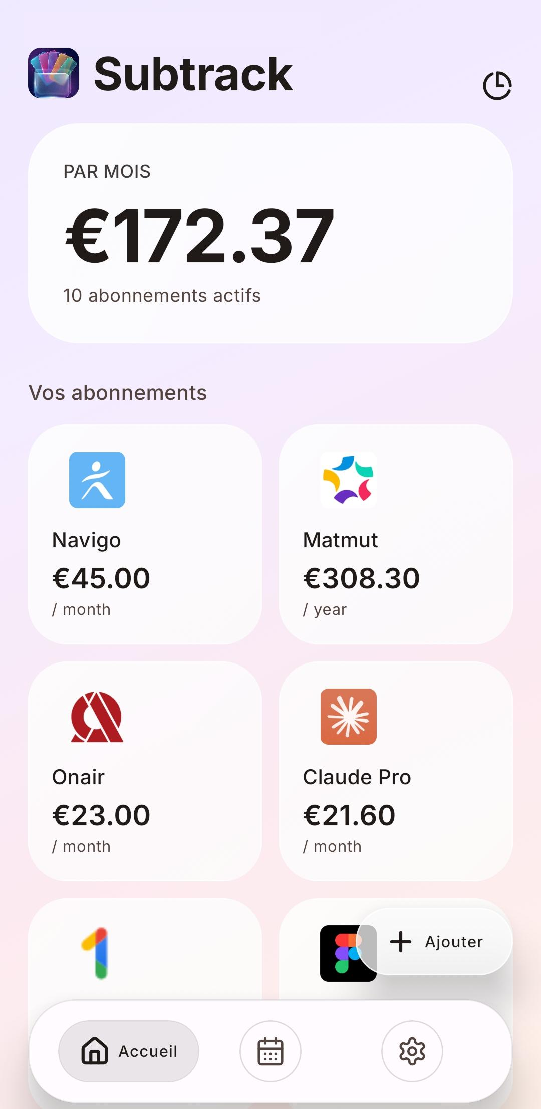 Subtrack app screen